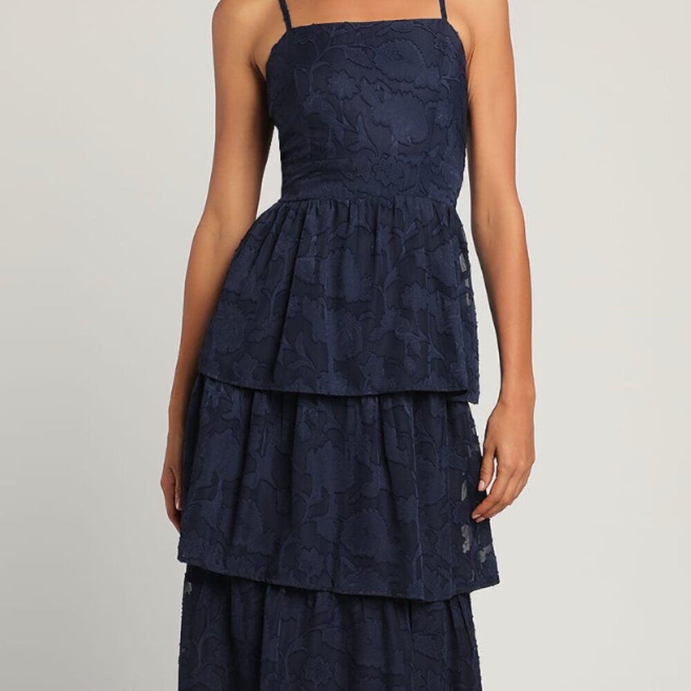 LULU-Grace and Beauty Navy Blue Burnout Floral Print Tiered Dress- NEVER Worn